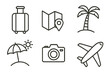 © Anna - Travel icons set in linear style with suitcase, map location, palm tree, sun umbrella, camera, airplane, vacation symbols, summer holiday vector illustration, tourism pack