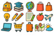 © Gerry - Colorful school and lifestyle icons. Education, shopping, travel themes. Vector cartoon set with backpack, globe, laptop, airplane, luggage, map, and shopping cart icons.