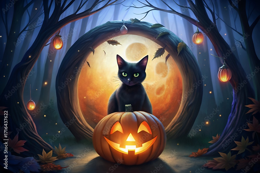 Mystical black cat sits before glowing jack o lantern and full moon ...