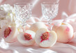 © Obsure - Elegant white peaches on silk fabric with crystal glasses