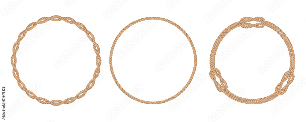 Twisted rope frame. Rounded frame made from marine ropes. Rope borders ...