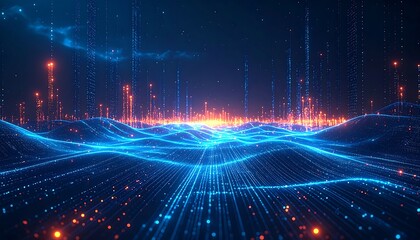 Futuristic, abstract digital landscape with flowing lines, glowing particles, and a vibrant city-like structure. Deep blue and orange tones
