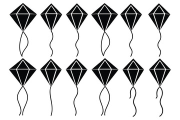 Twelve black silhouette diamond shaped kites with wavy tails on white background vector