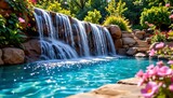 an in ground swimming pool with a stone waterfall feature set amidst lush greenery and landscaping.