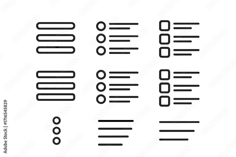 Menu and list icon set for UI UX design. Vector outline collection with ...