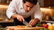 © misu - Chef meticulously chopping fresh vegetables on a wooden cutting board in a kitchen.