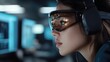© si9nzation - Woman immerses in virtual reality wearing futuristic headset surrounded by glowing digital interface technology