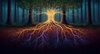 © SubaDesigns - Intricate underground root systems form a vast, glowing neural network, connecting pulsing, colorful tree tendrils to a central mother tree as an organic data network