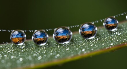 An extreme macro shot of a dew-covered spiderweb reveals each clear dew drop reflecting a distinct global biome, showcasing environmental micro-diversity and the planet in miniature