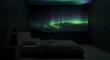 © SubaDesigns - The only light in a serene, minimalist bedroom comes from a calming aurora borealis projected onto the ceiling, a concept of atmospheric interior design for wellness and sleep