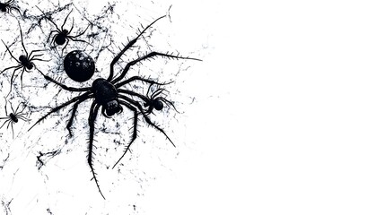 Close-up dark spider with intricate web details against a bright