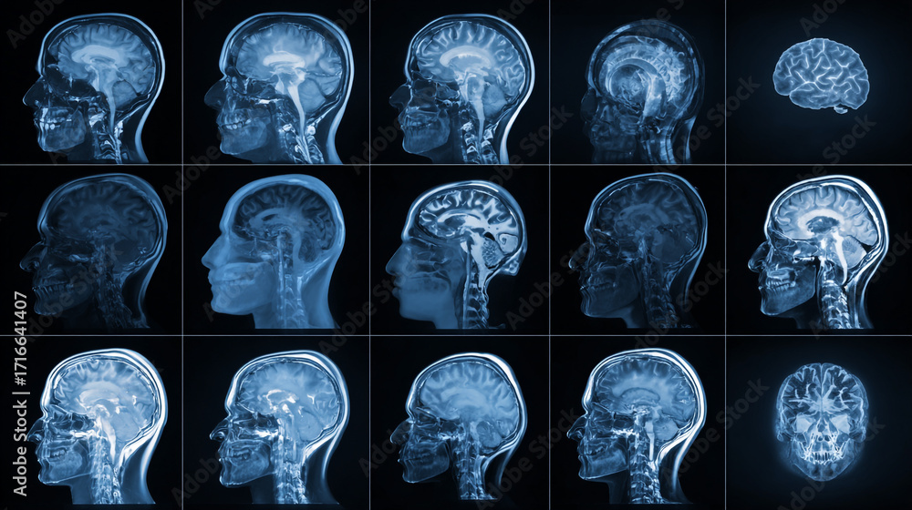 Brain Scan Views Multiple views of a human brain MRI scan showing different angles and ...
