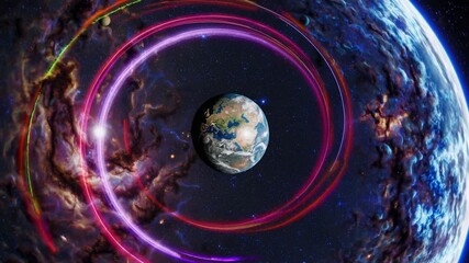 Wall Mural - A cosmic video scene with a wide-angle view of planets and swirling red energy in deep space, showcasing a vibrant, otherworldly atmosphere.