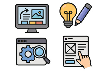 Web design and UI UX icon set. Concepts for creative process, from idea to website development. Includes SEO optimization, user interface wireframe, and content creation icons.