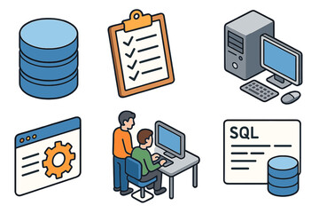 Isometric icon set for database management system. Includes concepts like data storage, server hardware, software procedures, SQL query language, and people or developers.