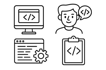 Software development line icon set. Programmer, coding, and web technology concepts. Vector icons of a developer character, computer screen, application settings, and HTML code.