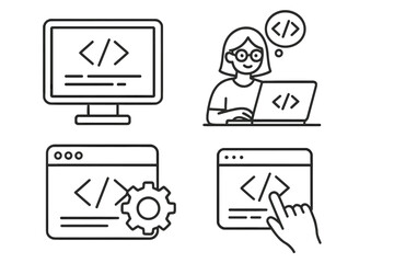 Coding and programming line icon set. Software developer and web development concepts. Computer screen, female programmer, application and website engineering vector icons.