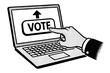 © Janien - Online voting and election concept. Hand pointing finger to vote button on laptop screen. E-voting technology in halftone retro pop art style. Digital poll illustration.