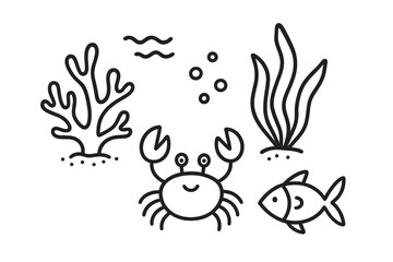 Naklejka na meble Cute cartoon crab and fish underwater scene. Minimalist line art vector illustration with coral and seaweed. Simple black and white doodle for kids. Marine life icon set.