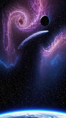 Wall Mural - A cosmic video scene with a top-down angle, showcasing a planet, swirling nebulae, and a starry sky, creating a sense of vastness and mystery.