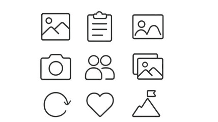 Collection of minimalistic icons representing photography, images, and user interactions in a simple design layout