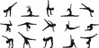 © Akash's World - Silhouettes of person performing various gymnastics and yoga poses, showcasing flexibility, balance, and strength, isolated on white background