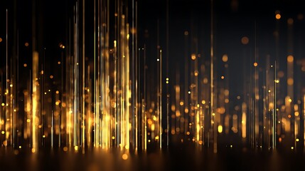 Golden vertical lines and bokeh lights create a shimmering abstract cityscape on a dark background