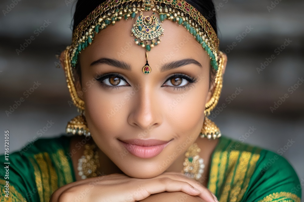 Portrait of a beautiful indian woman with traditional gold jewelry and ...