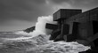 © Studio.no7 - Dramatic black and white photograph of ocean waves crashing against a concrete breakwater structure under a stormy sky, coastal landscape photography.