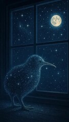 Wall Mural - A surreal video concept of a starry kiwi bird gazing at the moon through a window. Shot from a side angle, blending fantasy and nature. Live mobile wallpaper.