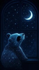 Wall Mural - A whimsical video concept of a starry panda gazing at a crescent moon through a window. Shot from behind, capturing a serene, dreamlike atmosphere. Live mobile wallpaper.
