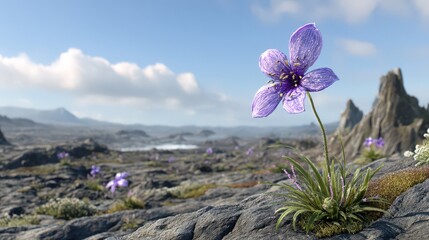 A bright purple flower with intricate details on its petals grows from a rocky landscape under a clear blue sky. The background shows a vast, arid terrain and distant mountains under a cloudy sky