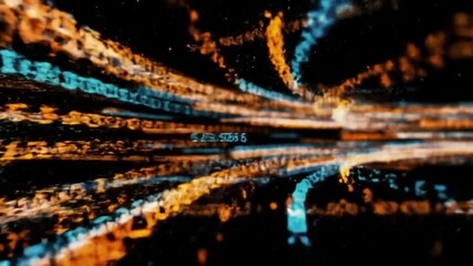Dynamic digital data streams flowing through abstract cyberspace with vibrant orange and blue glowing code creating a futuristic technological concept
