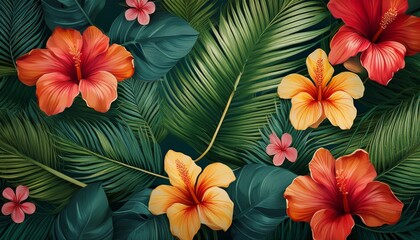 Lush Tropical Leaves And Hibiscus Flowers Create A Vibrant Exotic Backdrop