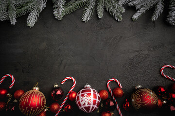 Wall Mural - christmas and new year background with a festive scene with gold and red christmas ornaments and fir