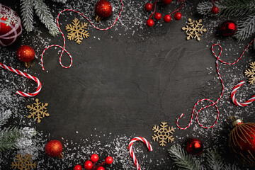 Wall Mural - christmas and new year background with a festive scene with gold and red christmas ornaments and fir