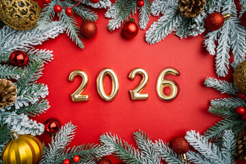 Wall Mural - christmas and happy new year 2025 with gold glitter decorations on red bright background. holiday pa