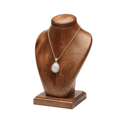 Elegant antique wooden jewelry bust displaying a delicate silver pendant necklace with a teardrop gemstone isolated on transparent background