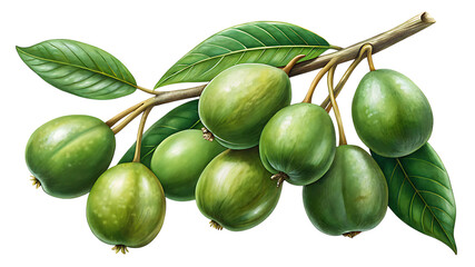 Watercolor illustration of feijoa branch isolated on transparent background, showcasing its vibrant fruit and lush leaves in a detailed botanical style