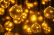 © Mirala - Golden Christmas ornaments hanging with sparkling bokeh lights creating festive atmosphere