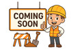 © Lester - Coming soon announcement. Under construction page concept. Cartoon builder character with hard hat. Website maintenance and new site launch vector illustration. Work in progress.