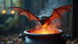 © mark - Realistic bat drinking from a glowing magical cauldron spooky Halloween effect