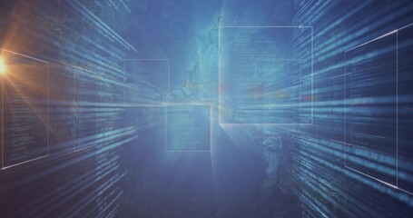 Wall Mural - Glowing central translucent panel floating in digital space, with code streams and light flare