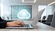 © n0feel_studio - Hand above laptop keyboard office space holographic cloud computing icon modern workspace side view innovative technology concept