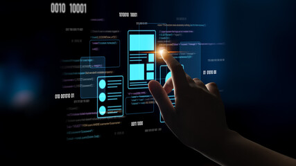 UI UX mockup showing application layout, structure, and code interface. UI design defines user flow, UI design improves clarity, UI design enhances experience, and UX design supports logic. Latch