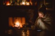 © AspctStyle - Woman wrapped in blanket sitting by fireplace with steaming mug and smartphone on wooden table in warm cozy home interior with candlelight ambiance