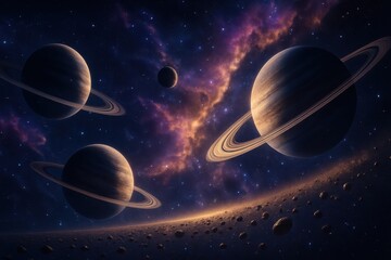 Wall Mural - Cinematic exoplanet system with glowing nebula starfields and asteroid belt ultra detailed deep space panorama with volumetric light dust clouds and cosmic color