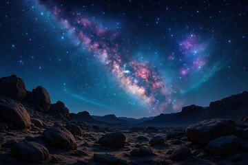 Wall Mural - Vivid rocky desert under star filled night sky with colorful galactic nebula sweeping across horizon surreal cosmic landscape luminous dust and bright constellations