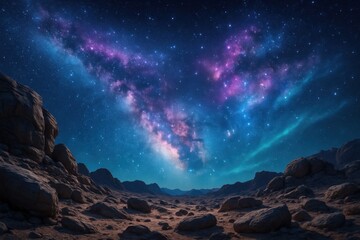 Wall Mural - Vivid rocky desert under star filled night sky with colorful galactic nebula sweeping across horizon surreal cosmic landscape luminous dust and bright constellations