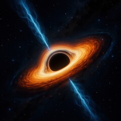 Wall Mural - Supermassive black hole accretion disk with relativistic jets and swirling cosmic dust in deep space high contrast astrophotography look